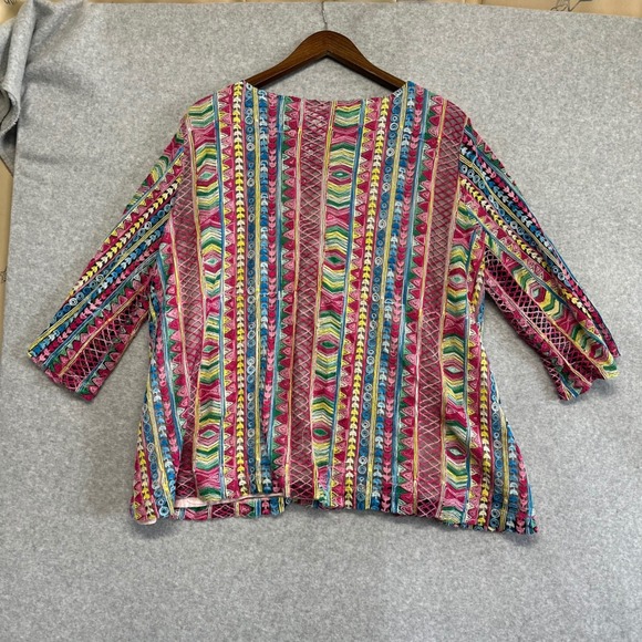 Ali Miles Womens Size 2X Embroidered Mesh Boho Tassel Top Multi-Color 3/4 Sleeve - Picture 4 of 9